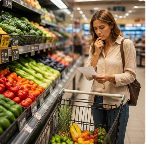 Cliente examinant son ticket au rayon des fruits et legumes