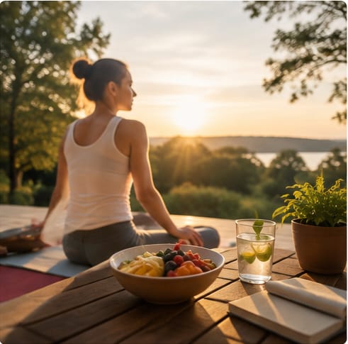 Femme au calme au lever du soleil, fruits frais et eau citronnee