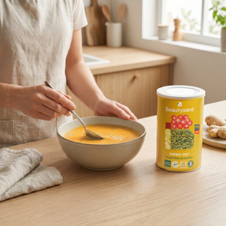 Soupe dahl de lentilles Energy Diet, préparée dans un bol