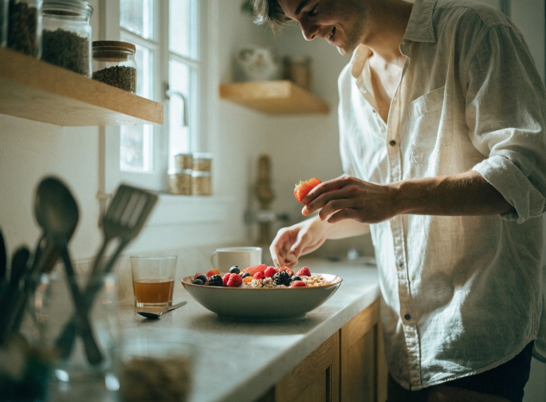 Jeune homme préparant un petit déjeuner généreux dans une cuisine lumineuse