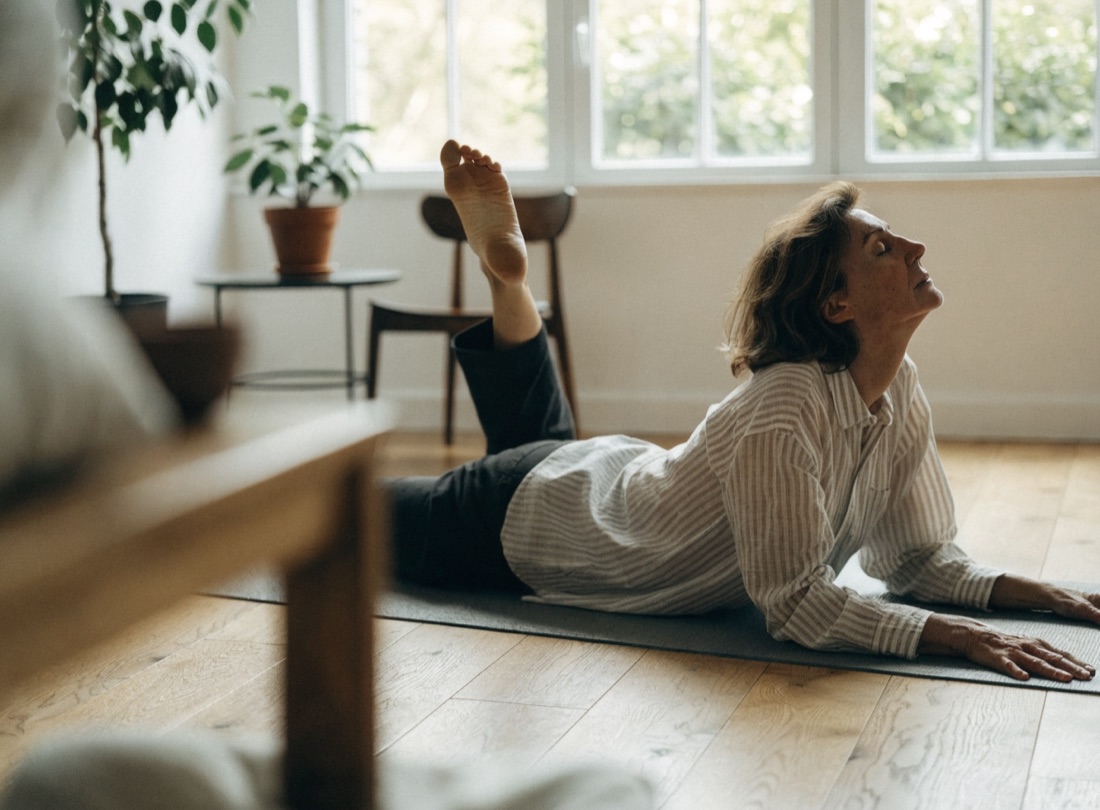 Femme en étirement doux sur un tapis dans un salon lumineux