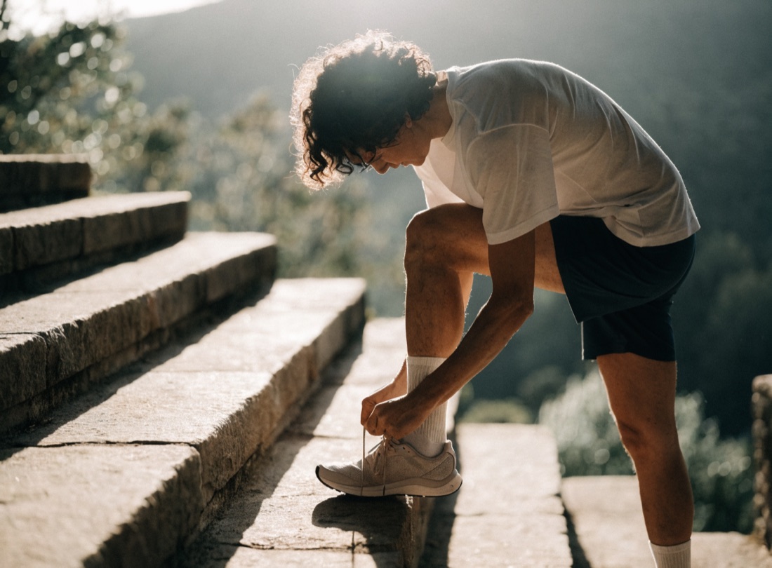 Coureur laçant ses chaussures au lever du jour